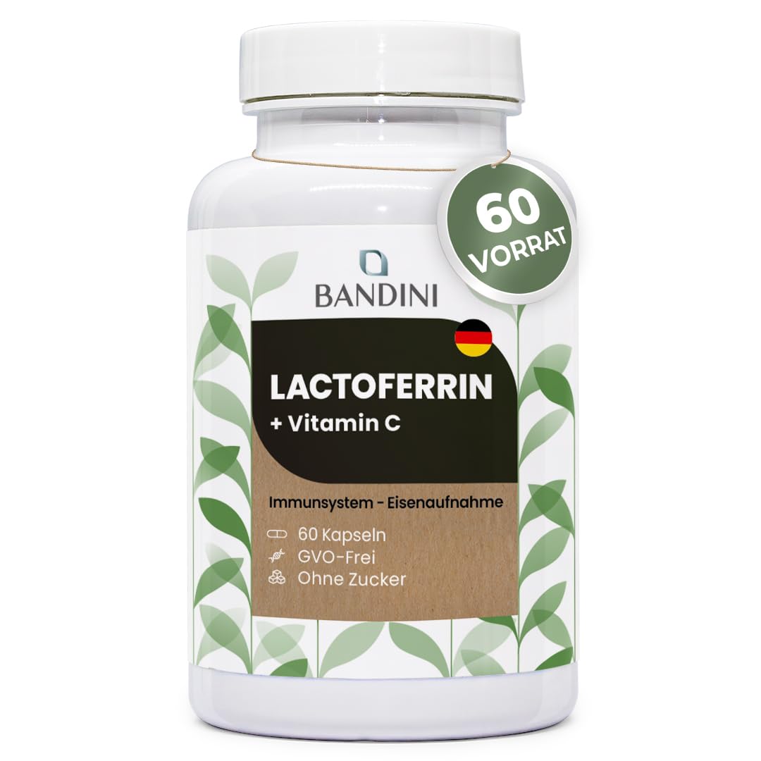 Bandini® Lactoferrin | 200 mg Lactoferrin + 60 mg Vitamin C (1 Kapsel/Tag) | 60 Kapseln für 2 Monate | Für die Eisenaufnahme und das Immunsystem | Colostrum-Inhaltsstoff | Hochdosiert, GMO-frei