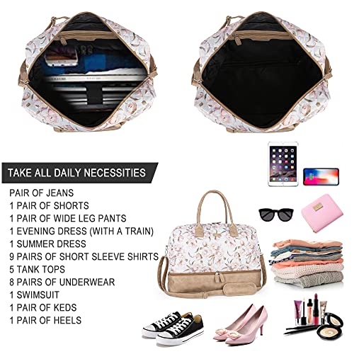 Mymealivos Canvas Weekender Bag, Overnight Travel Carry On Duffel With Shoe Pouch And Toiletry Bag（Floral White） #TOP2