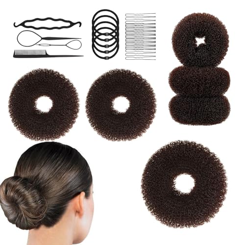 Hair Bun Maker Set - 6 PCS Ring Style Donuts (1 L, 2 M, 3 S), Shaper, 20 Pins, 5 Elastics, 4 Pony Tools for Women & Girls (Dark Brown)