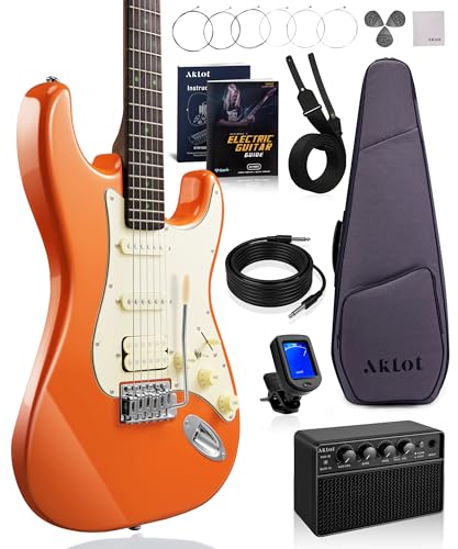 AKLOT Beginner Electric Guitar Kit: 10W Amp, Coil-Split HSS Pickups, Lesson Book, Roasted Maple...