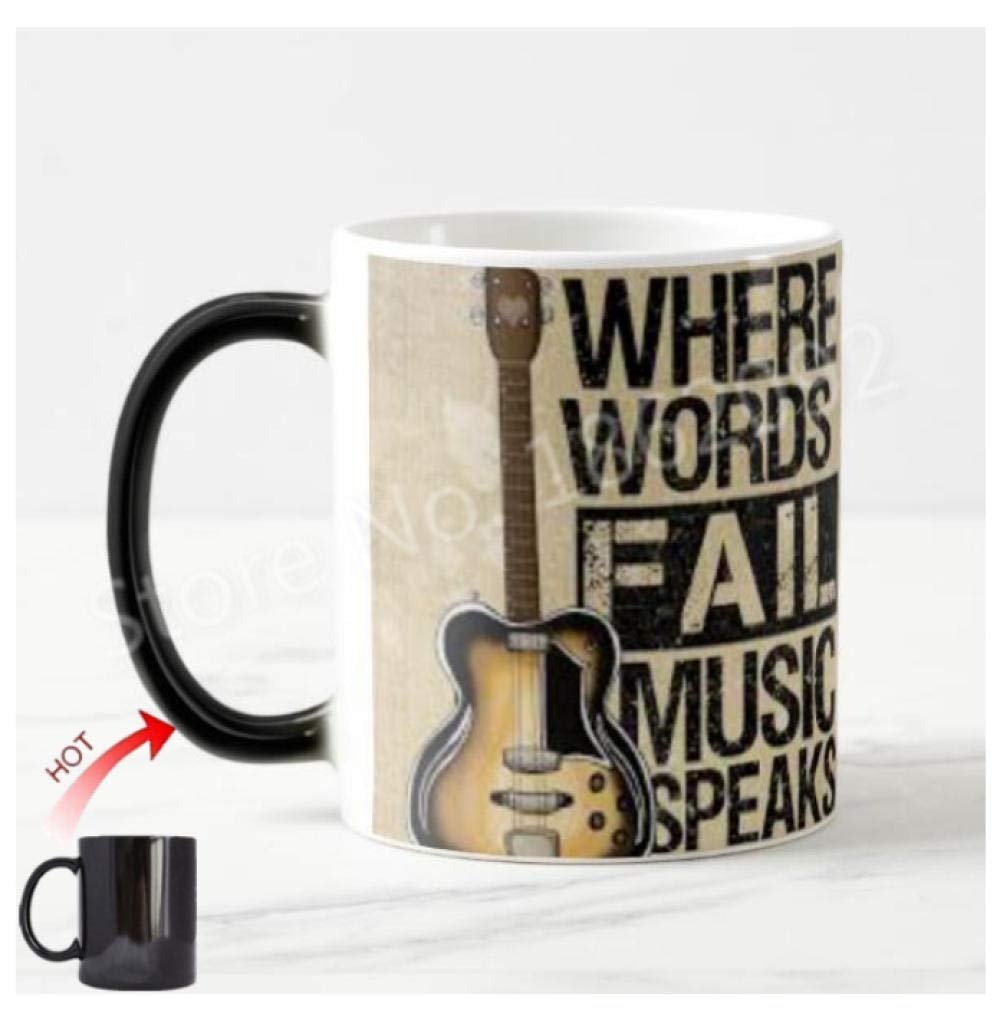 Tazza magica con scritta "Where Words Fail Music Speaks Guitar Coffee Mugs Tea Citation", idea regalo creativa per musicisti