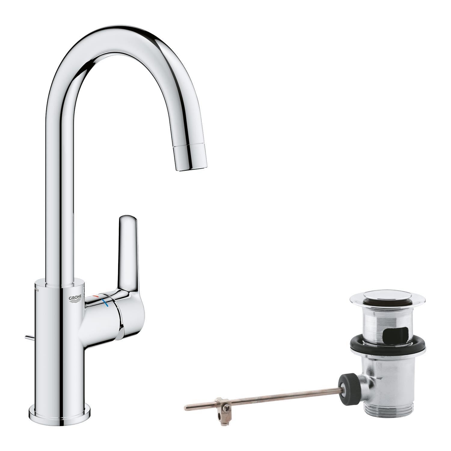 GROHE Start, Waschtischarmatur hoch, wassersparend (Wasserhahn für das Bad, Badarmatur mit Zugstangen-Ablauf, 31cm hoch, mit 3in1 Werkzeug, einfache Installation am Waschbecken), chrom, 24203002