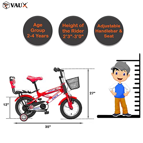 Vaux 2Cati Cycle for Kids 12inch for 2 to 4 Years Old with Basket, Support Wheels & Backseat with Backrest, Ideal for Both Boys & Girls with Steel Frame & Alloy Rims, Ideal Height:2ft to 3ft(Red) - Image 4