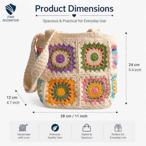 Image of Handcrafted Crochet Cotton Shoulder Bag, Handmade Granny Square Pattern Medium Size, Bohemian Style Beautiful Multicolor Handbag