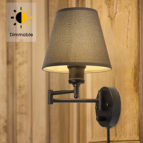 Caduke Plug In Wall Light Set Of 2, Dimmable Wall Sconce, Swing Arm Wall Fixture With Gray Linen Lampshade, Modern Bedroom Wall Lights Fixtures,Bedside Reading Lamp #TOP1