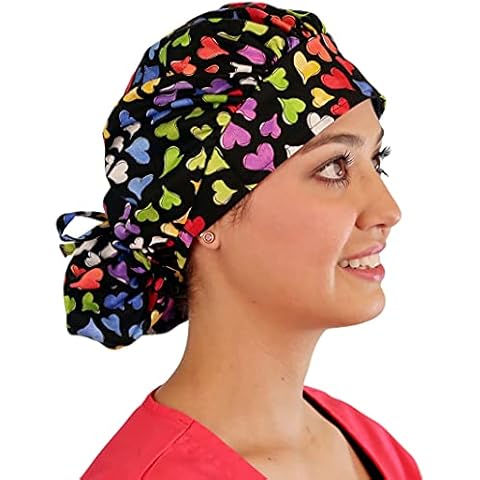 Sparkling EARTH Playful Hearts Banded Bouffant Ponytail Classic Surgical Style Scrub Working Cap - Made in The USA! Cover