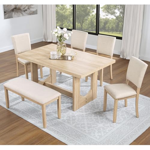Image of KEIKI 6-Piece Standard Height Dining Table Set with Rectangular Table, 4 Upholstered Curved Backrset Chair, Bench, for 6 Person, Modern Table Set, Easy Assembly, for Kitchen, Dining Room, Beige