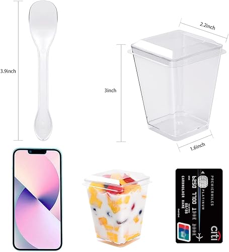 Miniatura 2 de Paquete de 50 tazas pequeñas reutilizables de postre de 5 onzas con tapa y cuchara, tazas de frutas cuadradas, taza de plástico transparente para