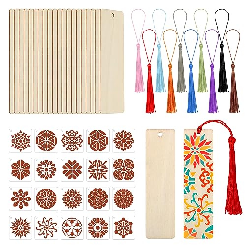 JSRQT 20Stk Blanko Holz Lesezeichen, DIY Blanko Lesezeichen Set mit 20 Mandala Schablone und 20 Bunten Quasten, Unfertiges Holzetiketten zum Aufhängen, für Kinder Erwachsene Heimdekoration