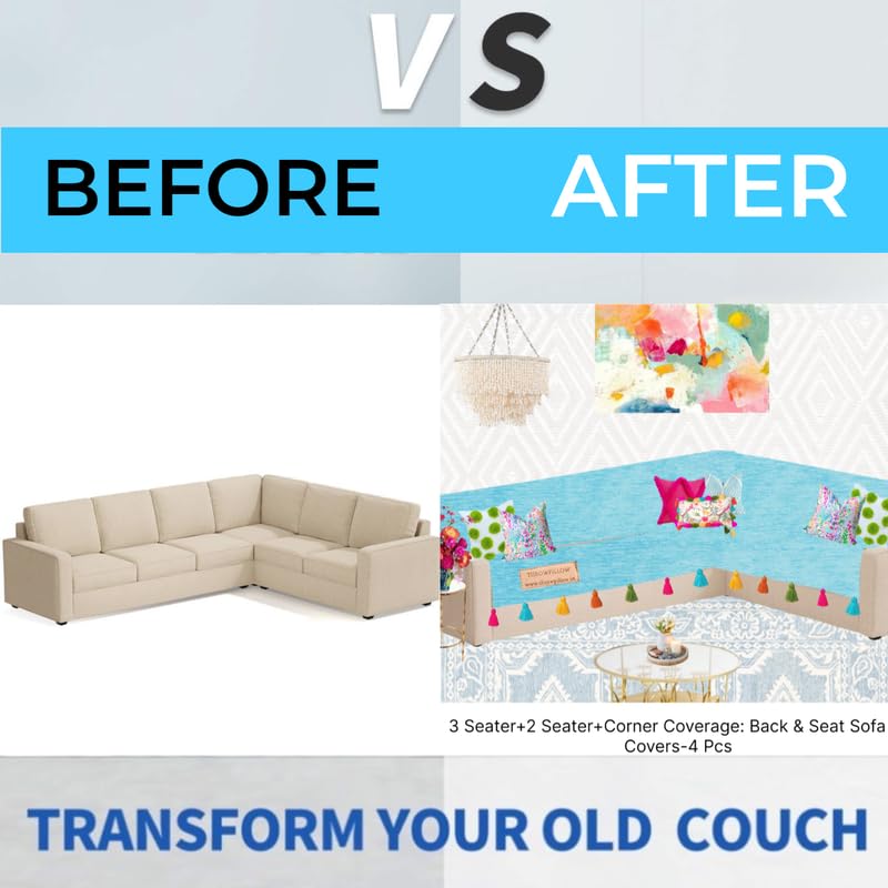 Image of Blue Sofa Cover Multicoloured Tassels:Corner Thick Fabric, Corner Sofa Seat & Back Cover, Designer:Fits 2+3 Seater+Corner Sofa, Coverage: Seat & Front Back -Set of 2 Seat Covers & 2 Back Covers