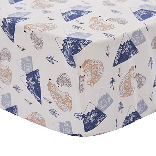 Image of Levtex Baby - Rowan Bear Crib Fitted Sheet - Fits Standard Crib and Toddler Mattress - Tossed Bears, Moutains and Trees - Blue, Grey, Taupe and White - Nursery Accessories - 100% Cotton