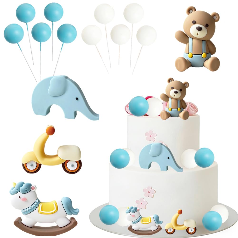 Bear Cake Toppers Set 14 Pcs Kawaii Bear Cake Decorations with Blue Clad Bears Elephant Scooter Ball Blue Unicorn Cute Animal Themed Cakes Topper for Baby Shower Kid Birthday Party