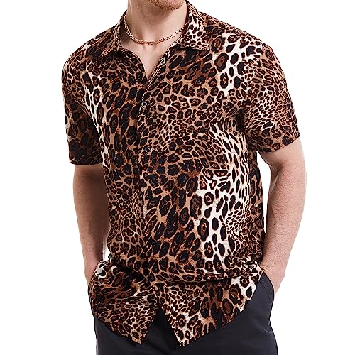 Men's Leopard Printed Disco Shirts Short Sleeve Button Down Casual Shirt