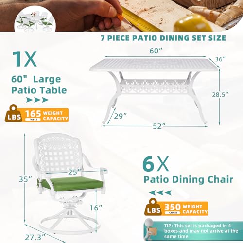 Image of MEETWARM 7-Piece Outdoor Patio Dining Set, All-Weather Cast Aluminum Patio Conversation Set with 6 Cushioned Swivel Rocker Chairs for Backyard Garden Deck, 1 Rectangular Table, White
