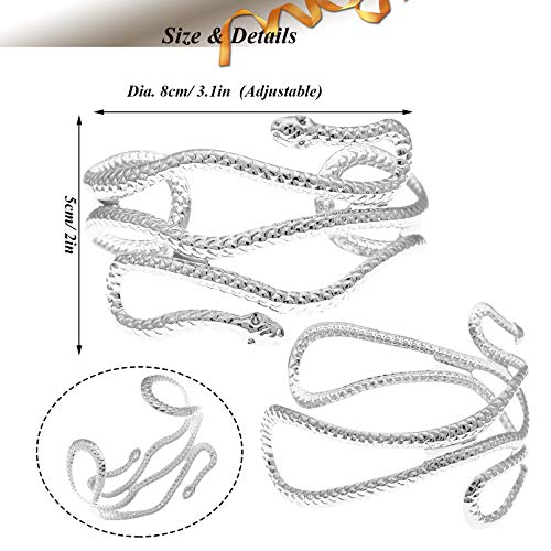RechicGu 2 Pieces Cleopatra Goddess Snake Arm Cuff Costume Accessories Set Metal Cobra Upper Arm Band Bangle Bracelet Adjustable Armlet Greek Egyptian Style Silver - Image 6