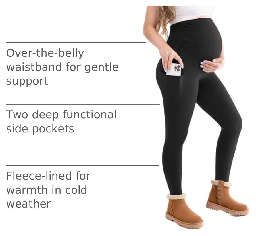 Leafigure Maternity Fleece Lined Leggings with Pockets Black Medium - image 4