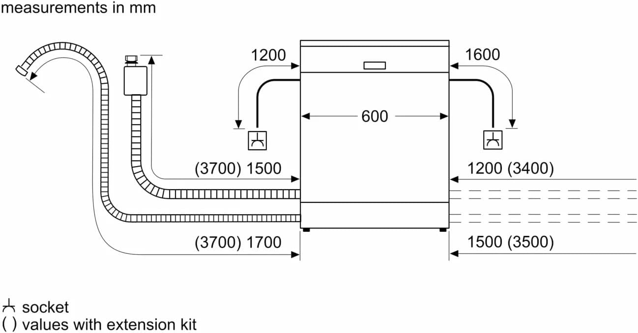 Dishwasher installation diagram with measurements