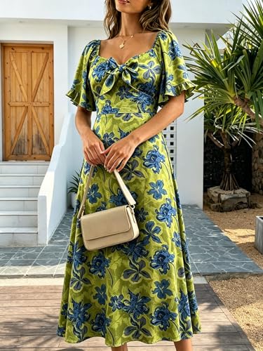 Image of Fashionme Womens Dresses 2026 Maxi Dresses Deep V Neck Elegant Bow Tie Front Cap Sleeve Summer Floral Satin Smocked Dress