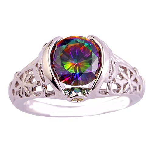 Empsoul 925 Sterling Silver Plated Created Round Filled Rainbow Gemstone Cubic Zirconia Daisy Flower Engagement Wedding Ring for Women Size 9