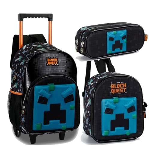 Kit Mochila Infantil Gamer Block Quest Lancheira Estojo (Laranja)