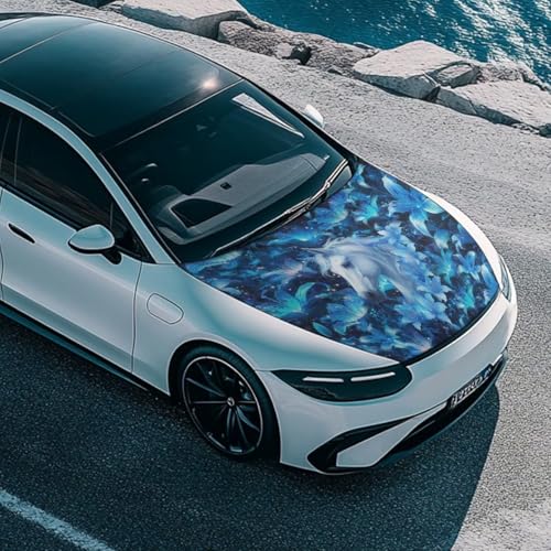 Image of Car Hood Cover Protector, an All-Weather White Horse Print Half Car Cover for Sunshade and Snow Protection, Suitable for All Seasons