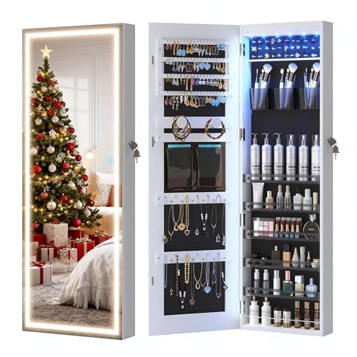 LVSOMT LED Mirror Jewelry Cabinet, Wall/Door Mount Jewelry Armoire Organizer with Lights, Full...