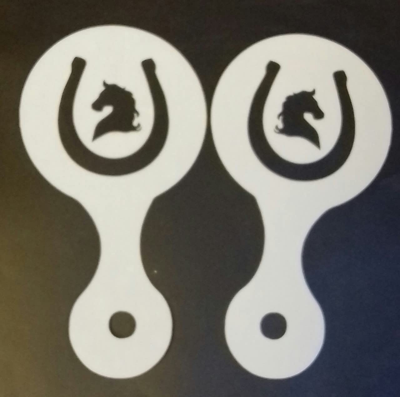 2 x horse head in horseshoe coffee cup/cappuccino stencils reusable present gift fundraising showjumping racing dressage Cheltenham Derby Ascot