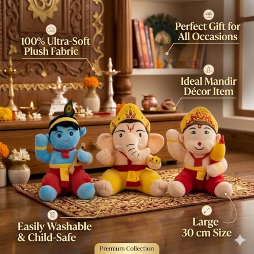 Image of 30X30X30cm 3pcs Set of Super Cute Soft Lovable Huggable Ganesh Ji, Krishna Ji, & Hanuman Ji Plush & Stuffed Toys | Decorative Plush Toy (God Set of 3 Toy)
