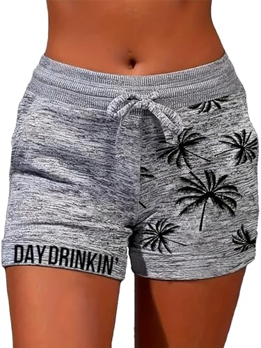 LANMERTREE Shorts femininos de verão, praia, casual, com cordão, para corrida, treino, lounge, com bolsos, Cinza claro/coco, G