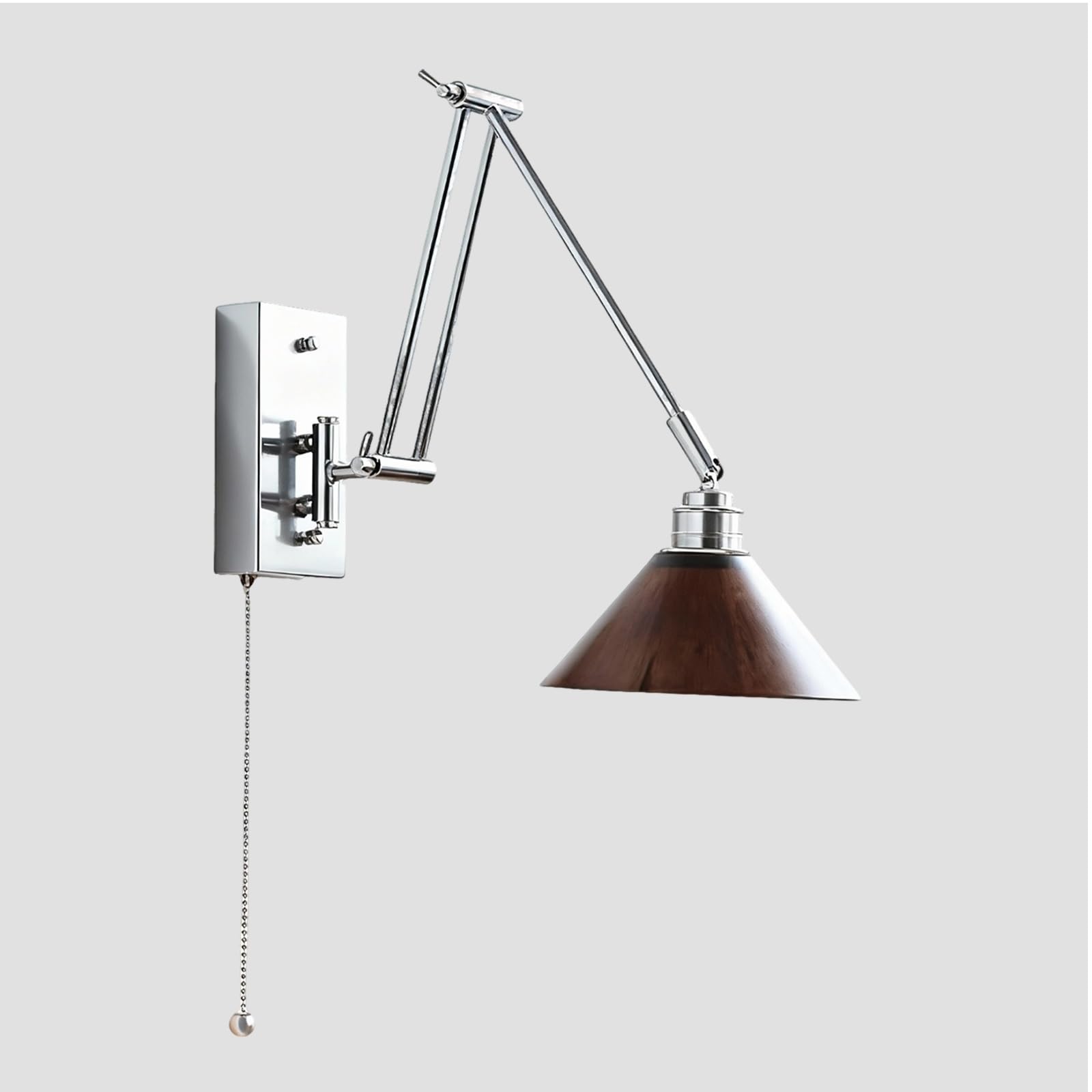 SMCCYYSD Adjustable Swing Arm Wall Sconce, Polished Chrome Lamp with Wood Lampshade, Hardwired Light Pull Chain for Bedroom Living Room Reading