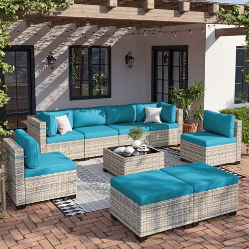 Image of Outdoor PE Wicker Rattan Modular Patio Sectional Sofa Set | 9-Piece: 6 Modular Seats, Coffee Table & 2 Ottomans, Lake Blue