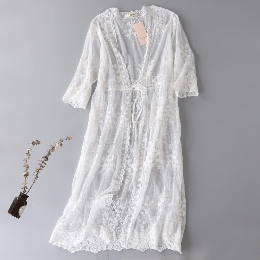 Strickweste Damen,Damen Lange Strickjacke Weiße Spitze Bestickt Vorne Krawatte Tops Shrug Sommer Elegant Glocke Ärmel 3 4 Strickjacke Vorne Offen Schiere Bolero Lässig Büro Kimono Robe Strand Cover