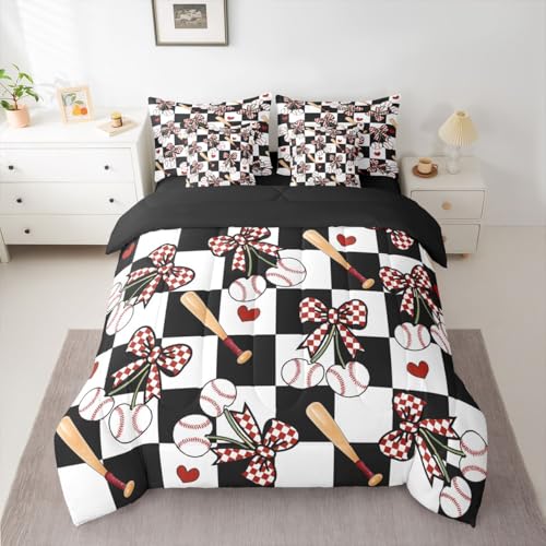 Image of 7 Pcs Baseball Cherry Bow Bedding Sets with Sheets,Comforter,Pillowcases,Pillow Covers Checkered Bowknot Sports Style Comforter Set Black White Patchwork Grid Bedroom Dorm Decor Bed Set,King Size