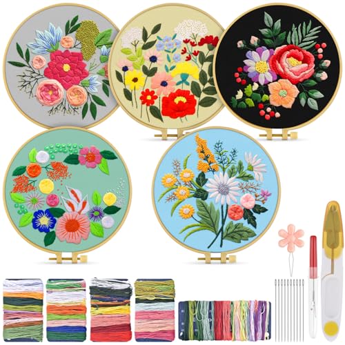 Image of TINDTOP 5 Sets Embroidery Kit for Adults, Floral Embroidery Practice Kit for Beginners Include Embroidery Cloth Hoops Threads for Craft Lover Hand Stitch | for Beginners Include Embroidery Cloth Hoops Threads for Craft Lover Hand Stitch