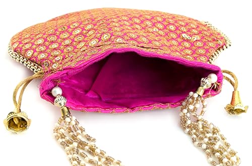 Image of Potli Bag Golden work wedding potli for ladies Gift for women handbags traditional Indian Wristlet with Drawstring Ethnic Embroidery Fashion Potli.