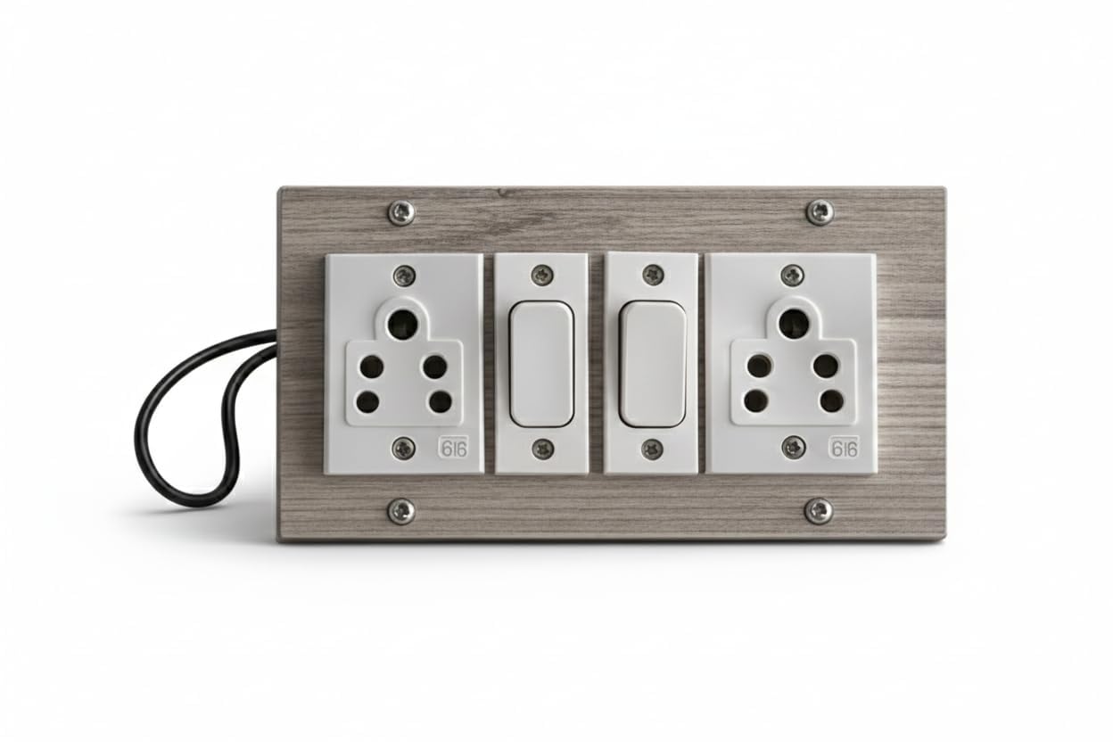 Electric Extension Board, 2 Switches with 2 Sockets, Wood Finish Plate, White Switches-picture-44