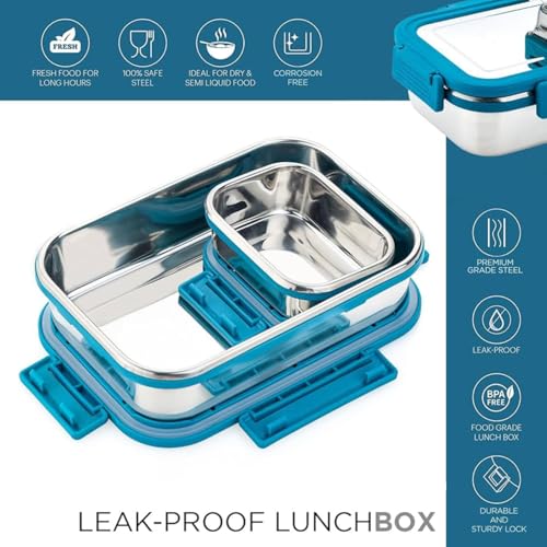 Image of Stainless Steel Lunch Box |100% Leak Proof |Lunch Box for School Use| Tiffin Box for School and Work| Lunch Box with Clip Lock Lid |Insulated Lunch Box, Spill Proof - Blue Colour