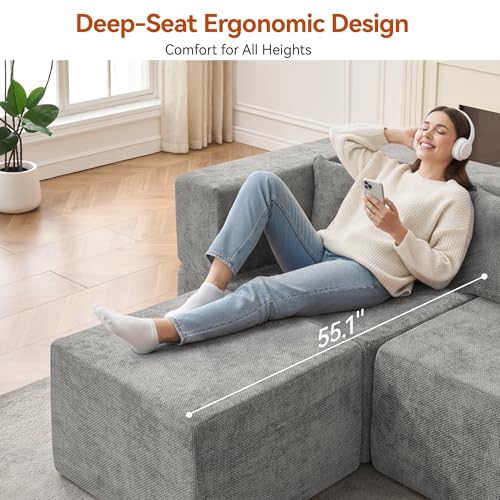 Image of MONVANE 103'' Modular Sectional Sofa, Cloud Sectional Couch with Ottoman, Convertible Chenille L Shaped Couch with Deep Seat, Sectional Couches for Living Room, No Assembly Required, Light Grey