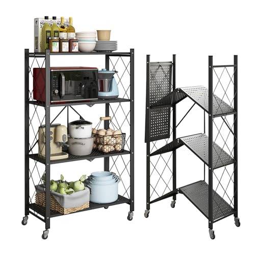 Folding Shelf Foldable Shelves with Wheels - Folding Shelves No Assembly , Collapsible Shelf Unit Display, Kitchen Organizers and Storage, Pop Up Heavy Duty Rack , 4-Tier Black 28