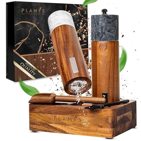PLAMYS Acacia Wood and Marble Salt and Pepper Mill Set Cover