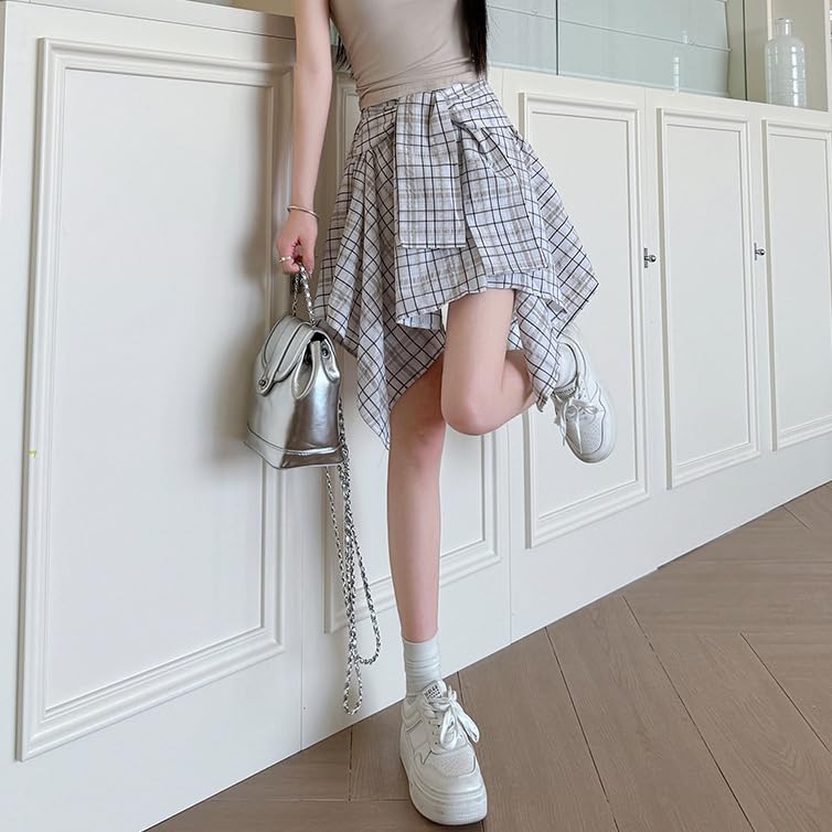 Womens Plaid Skirts Elastic High Waist Tie Front Asymmetrical Hem Summer Pleated Mini Skater Skirt2