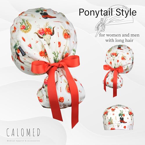 Image of Scrub Cap for Women and Men, Ponytail Scrub Caps, Working Hat, Head Cover with Ribbon Ties and Buttons, Long Hair
