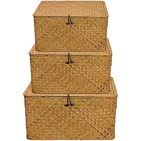 PINGEUI Set of 3 Seagrass Storage Baskets, Rattan Woven Storage Box with Lid and Button, Rectangular Seagrass Hamper Basket Storage Shelf Basket for Clothes, Makeup, Books, Small/Medium/Large Cover