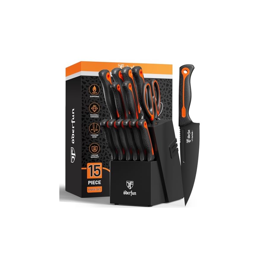 Knife Block Set -15 PCS Dishwasher Safe Kitchen Knife Set, High Carbon Stainless Steel, Razor-Sharp knives set with sharpener, Non-Slip Handles, Elegant Box for Her Him Women Men, Black,