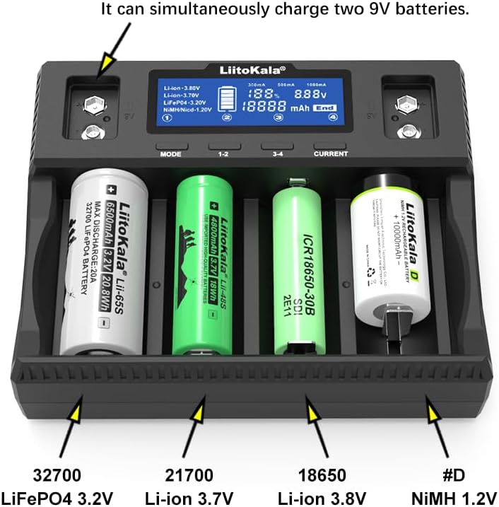 LiitoKala Lii-D4XL charger with various battery types inserted