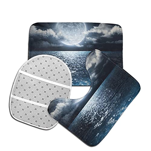 DIRYKILP Badematte + Konturmatte + Toilettendeckelbezug, Ozean und Mond 3 Stück Badematte Set, mit rutschfester Klebeunterseite – Bild 5