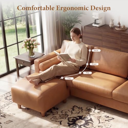 Image of Vesgantti 100 inch L Shaped PU Leather Sofa with Movable Ottoman, 3 Seater Faux Leather Couch with Side Pocket, Comfy Modern Modular Sectional Couch for Living Room, Apartment, Camel