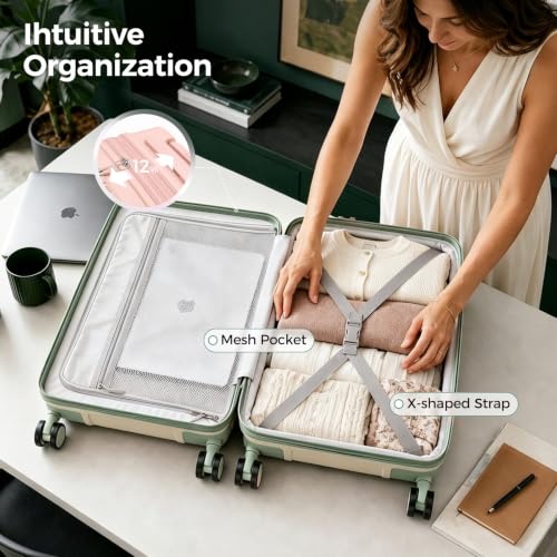 Image of Carry on Luggage Top opening Suitcases, Expandable with Cup&Phone Holder and USB Charging Port,Hardside with Front Pocket Rolling Suitcases with Spinner Wheels & YKK Zippers (Beige, 20 Inch)