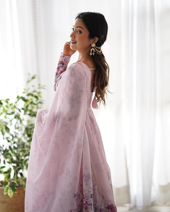 Image of KD Women's Floral Printed Georgette Anarkali Kurta Set With Dupatta, Traditional Salwar Suit, Long Sleeve Ethnic Dress