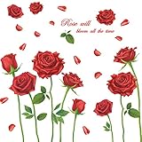 LiveGallery Beautiful Lovely Rose Flowers Wall Decals Removable DIY Butterfly Flower Vines Art Decor Wall Stickers Murals for Living Room TV Background Kids Gilrs Rooms Bedroom Decoration (Red)